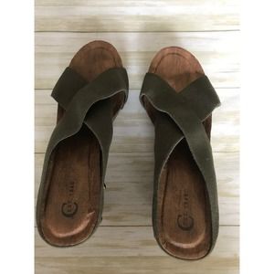 Cato’s Women’s Size 11 Olive Green and Brown Wedge Slides.